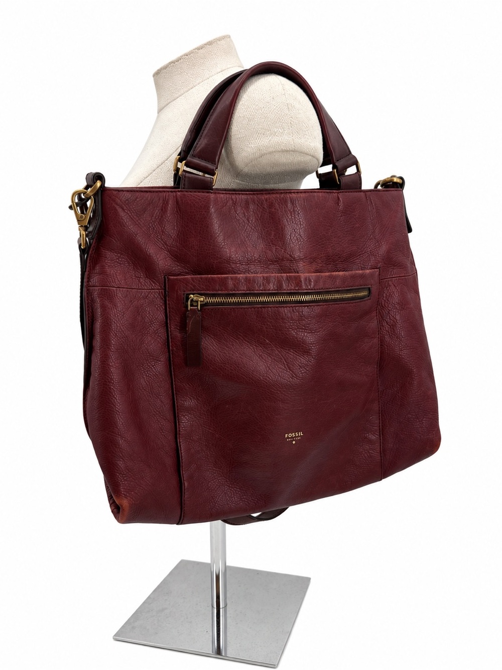 Fossil Burgundy Leather Tote Crossbody Bag Work Tote Key Charm Vickery